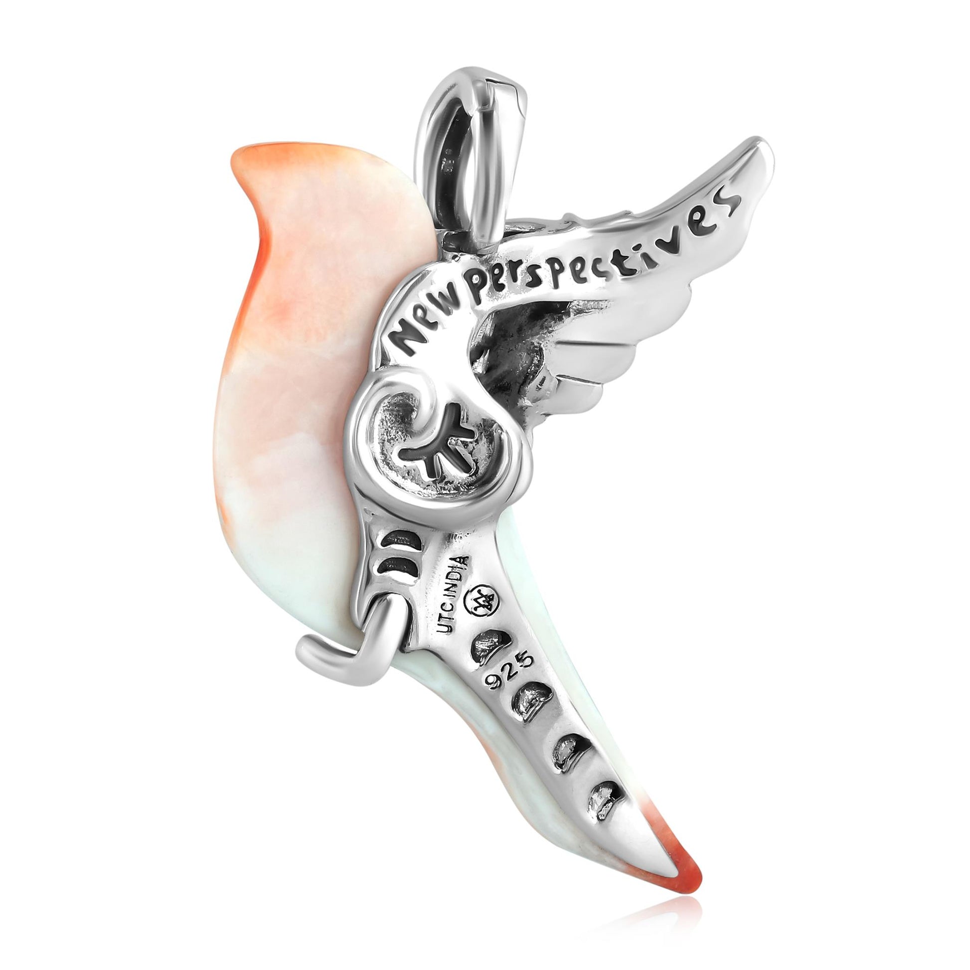 Sterling Silver Orange Spiny Oyster Gemstone Spirit Bird Design Pendant Enhancer