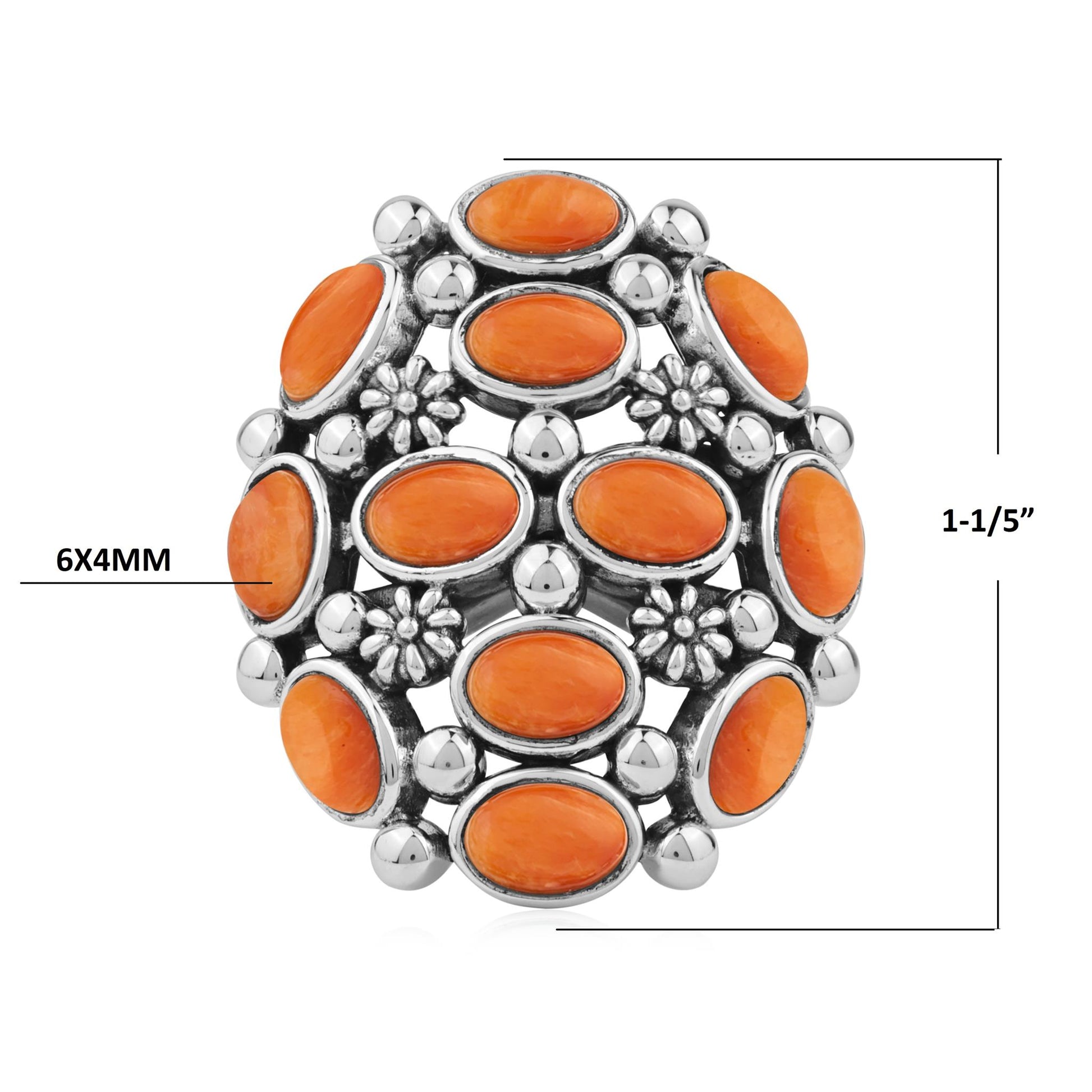  Sterling Silver Orange Spiny Oyster Oval 12-Stone Cluster Ring
