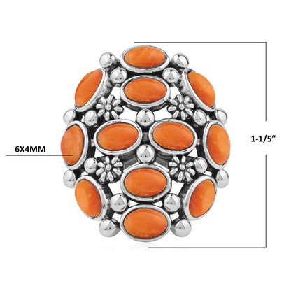  Sterling Silver Orange Spiny Oyster Oval 12-Stone Cluster Ring