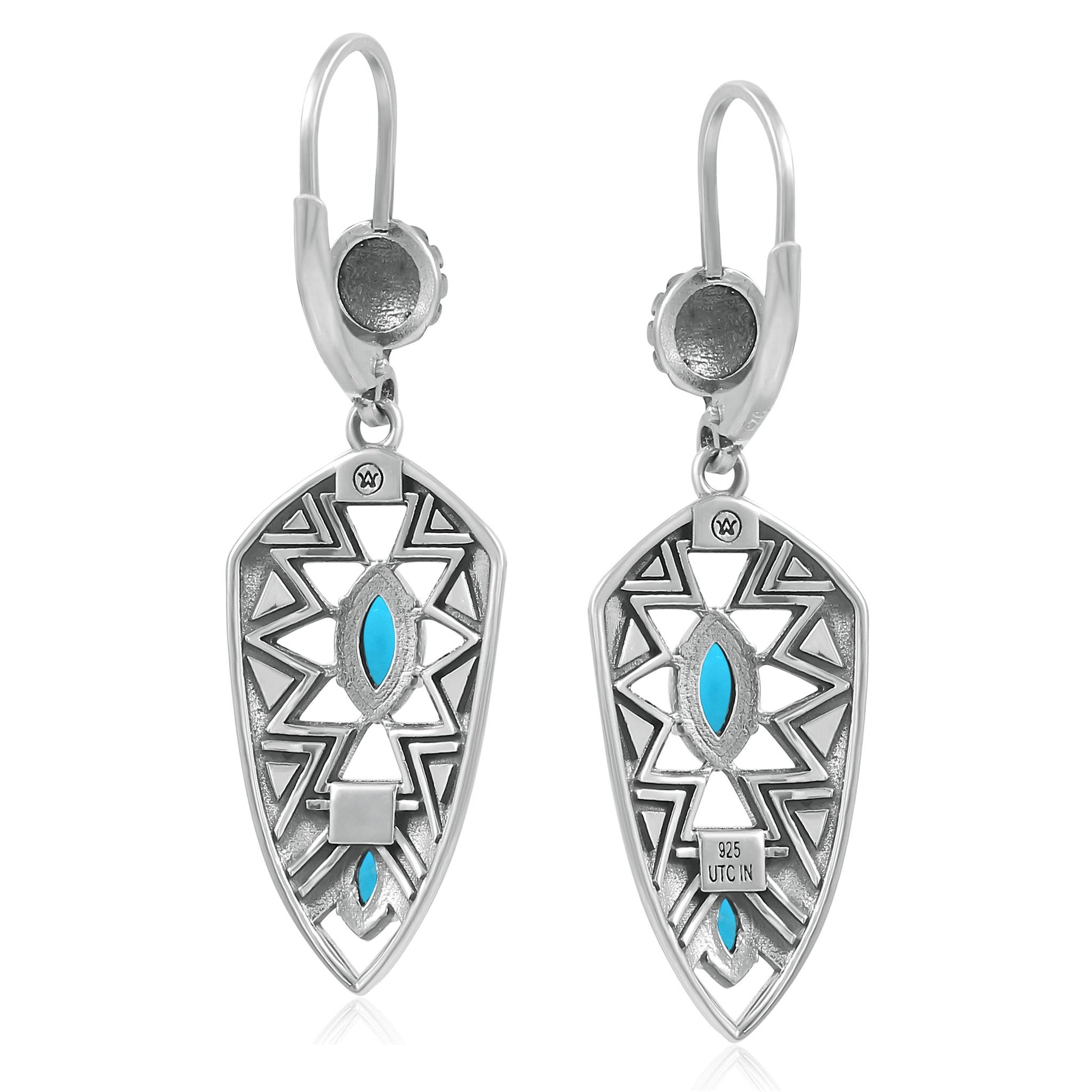 Sterling Silver Marquise Kingman Turquoise Patterned Lever Back Earrings 