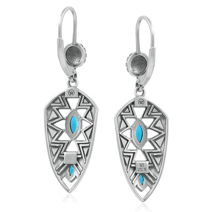 Sterling Silver Marquise Kingman Turquoise Patterned Lever Back Earrings 