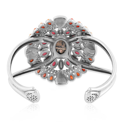 Sterling Silver Leopard Jasper, Orange Spiny Oyster and Rhodonite Oval Floral Cluster Cuff Bracelet
