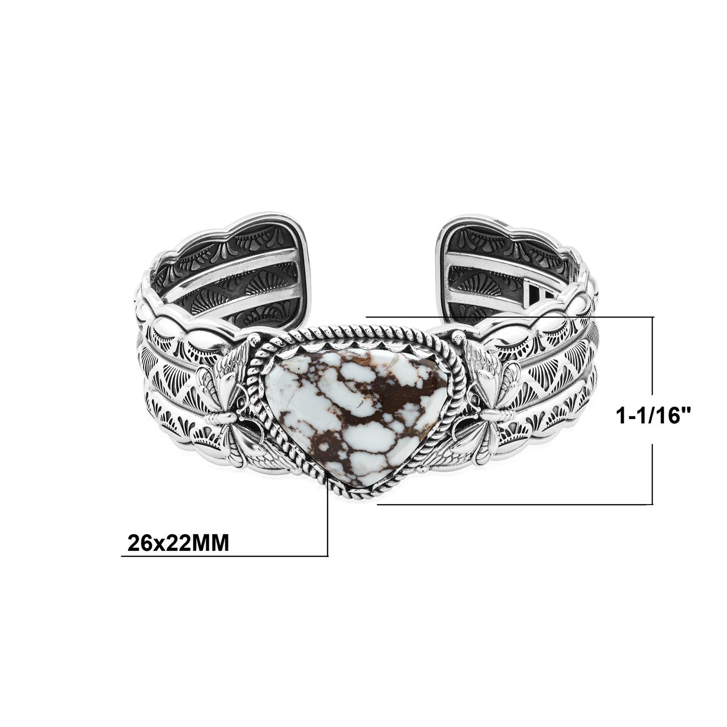 Sterling Silver Wild Horse Magnesite Gemstone Butterfly Hinged Cuff Bracelet