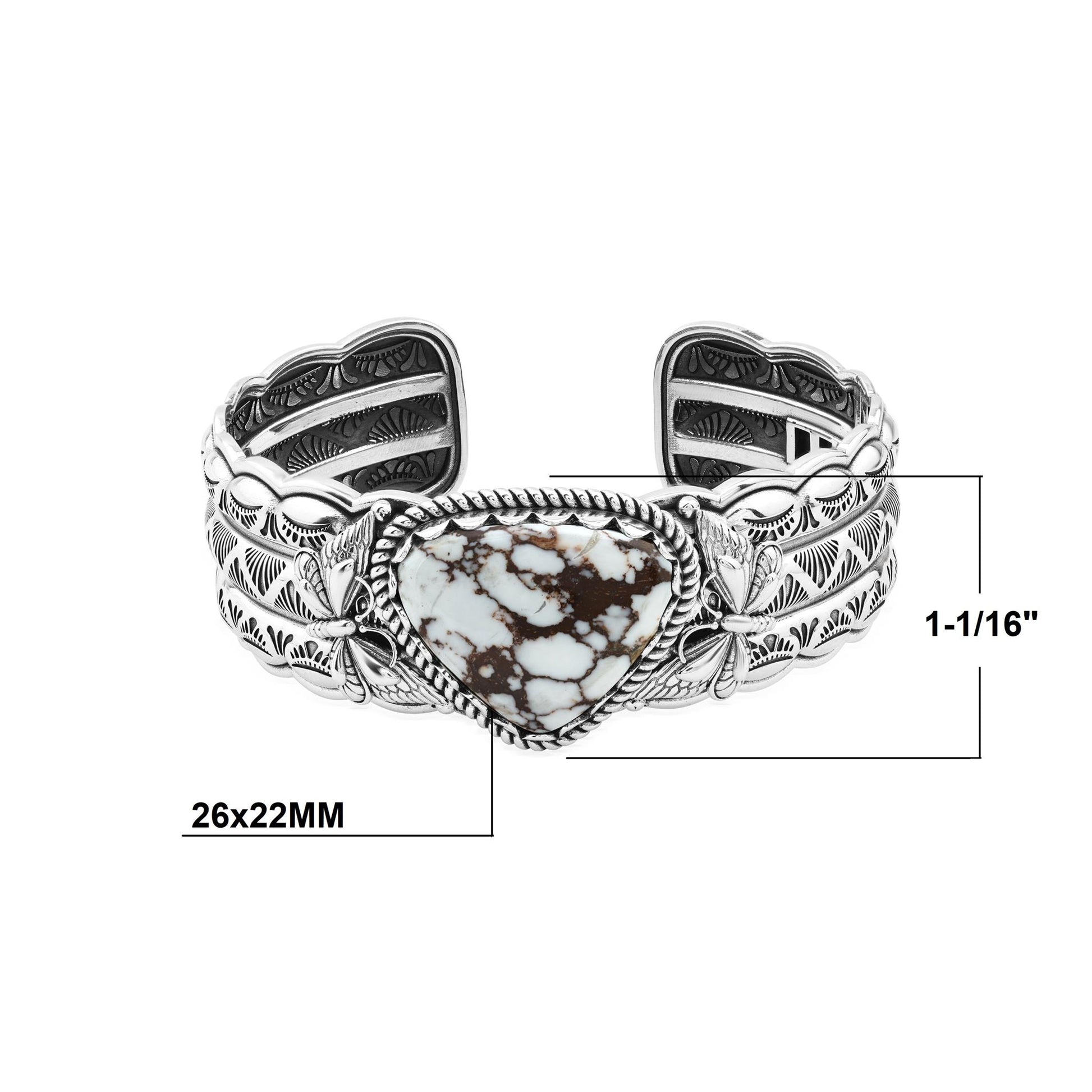 Sterling Silver Wild Horse Magnesite Gemstone Butterfly Hinged Cuff Bracelet
