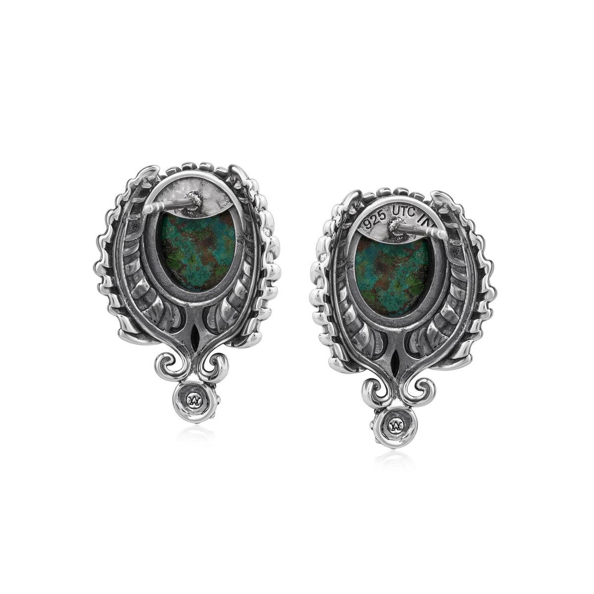 Sterling Silver Azurite Leaf and Vine Oval Post Earrings