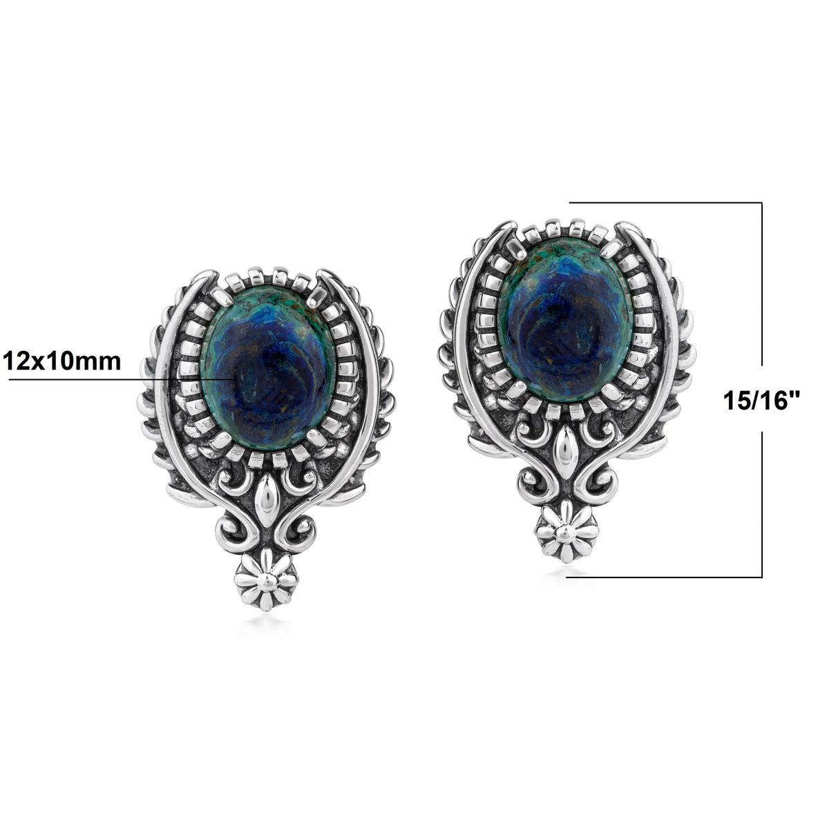 Sterling Silver Azurite Leaf and Vine Oval Post Earrings