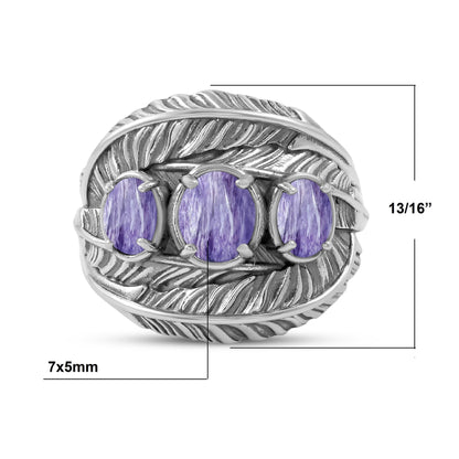 Sterling Silver Charoite Three-Stone Oval Cut Feather Ring