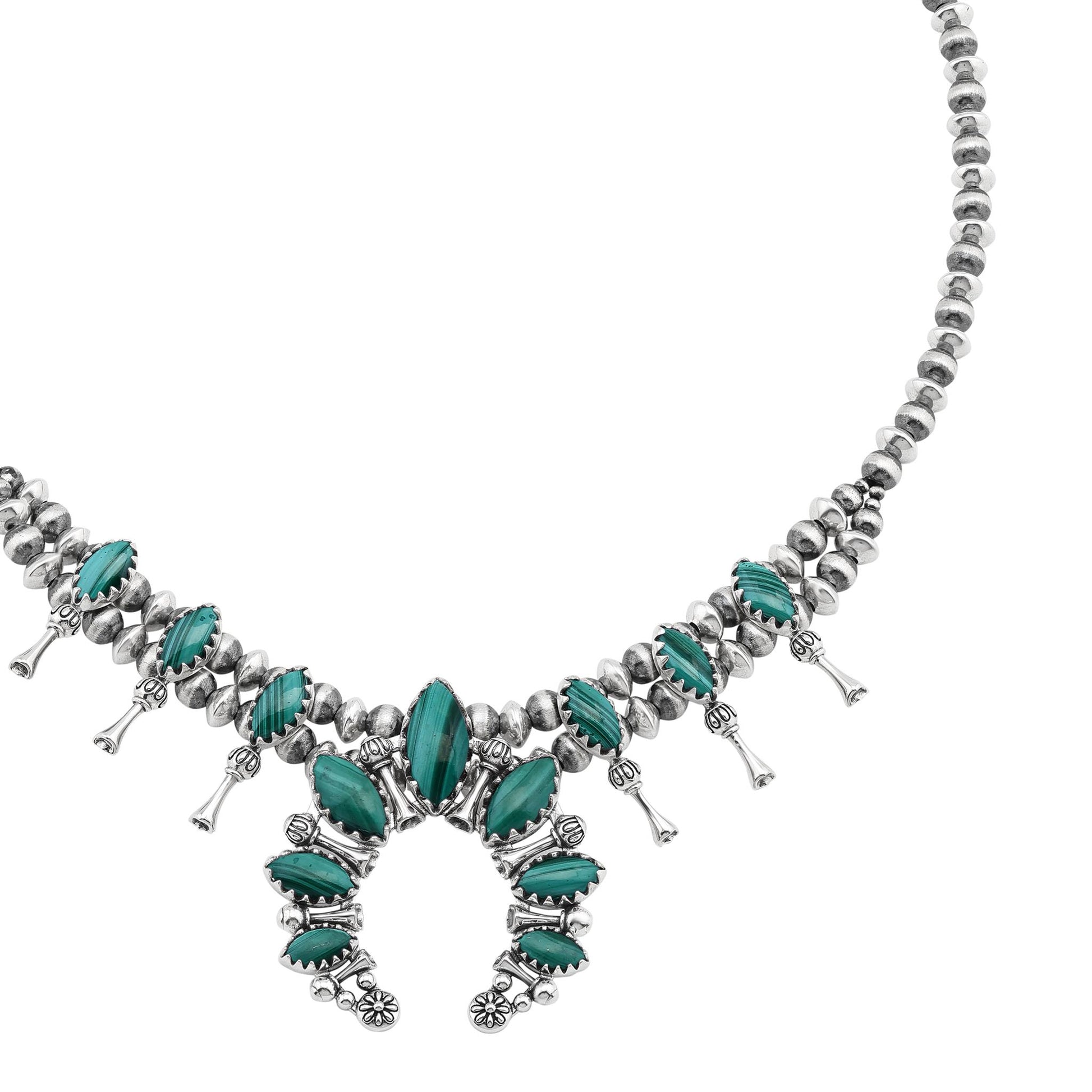  Sterling Silver Malachite Marquise-Cut Squash Blossom Necklace 