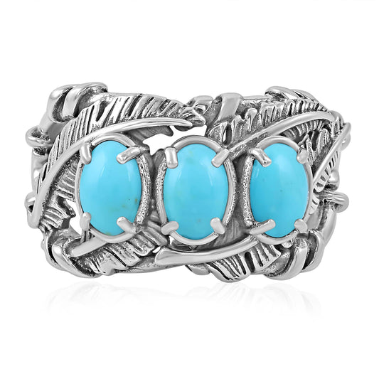Sterling Silver Kingman Turquoise Three Stone Feather Ring