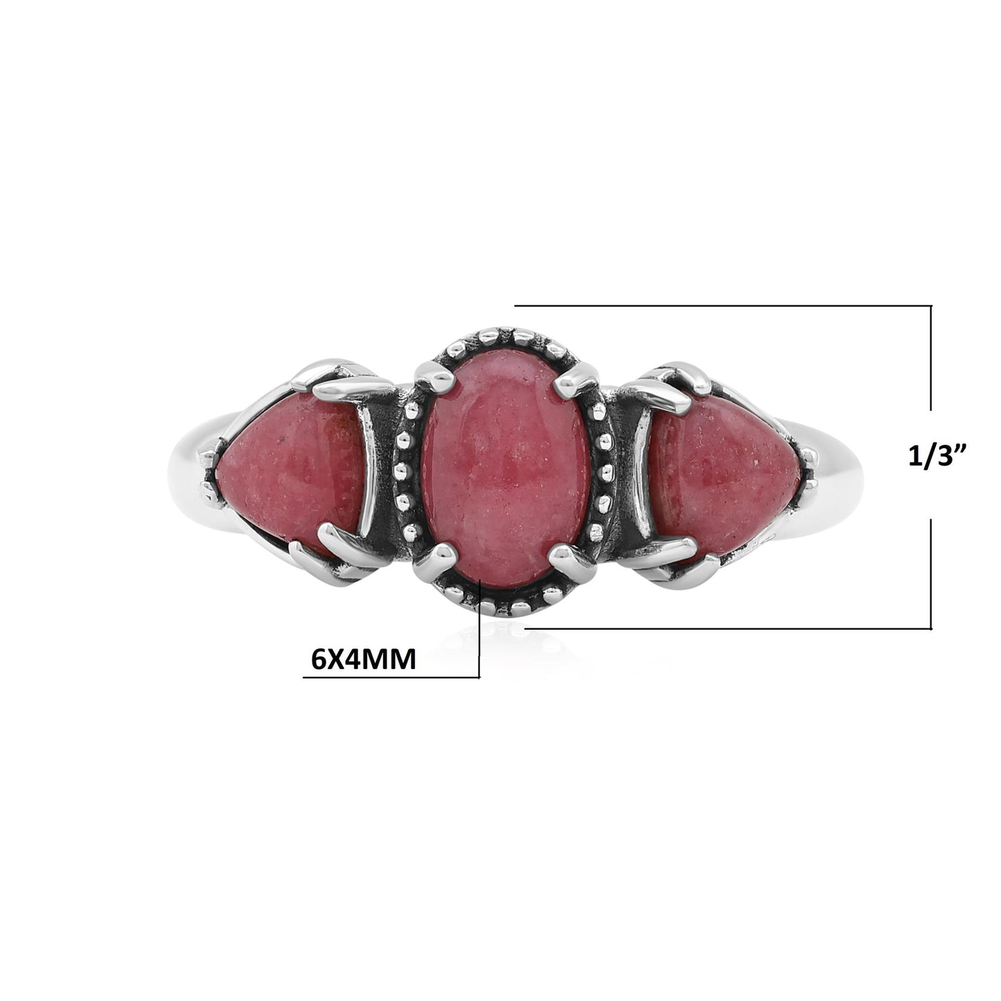  Sterling Silver Rhodonite Oval and Trillion 3-Stone Ring