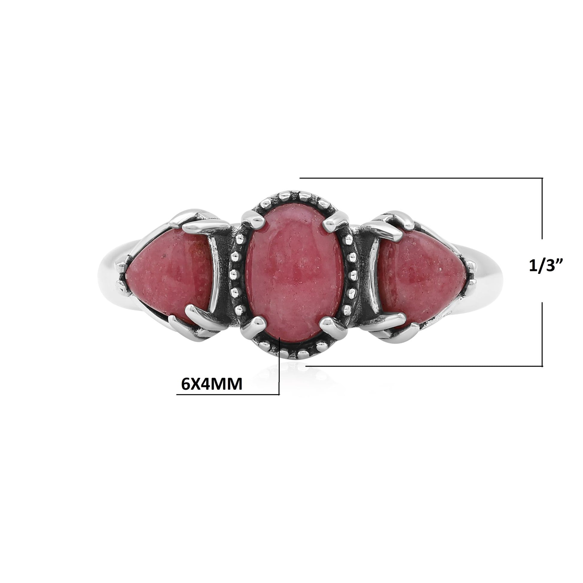  Sterling Silver Rhodonite Oval and Trillion 3-Stone Ring
