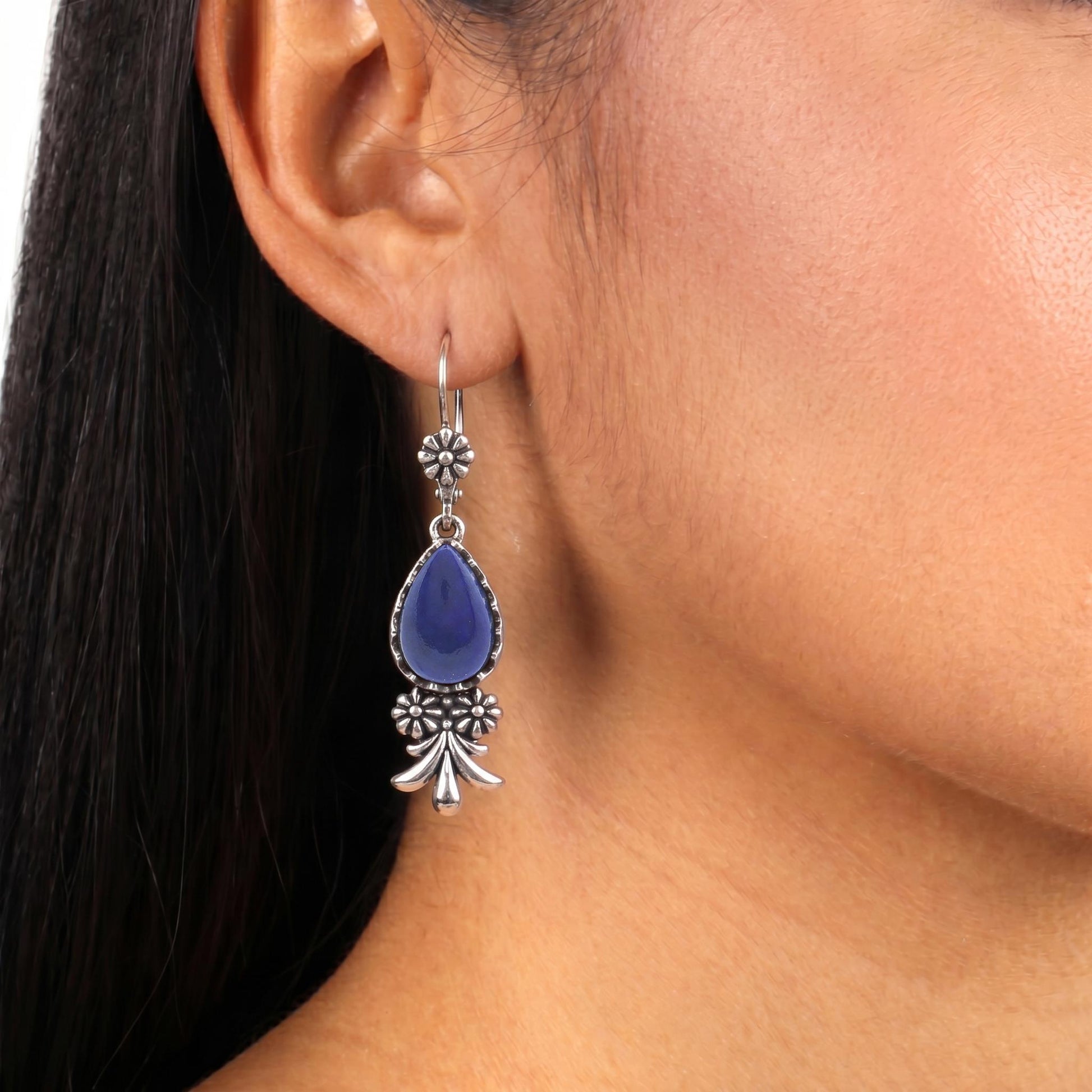 Sterling Silver Lapis Teardrop Concha Squash Blossom Dangle Earrings