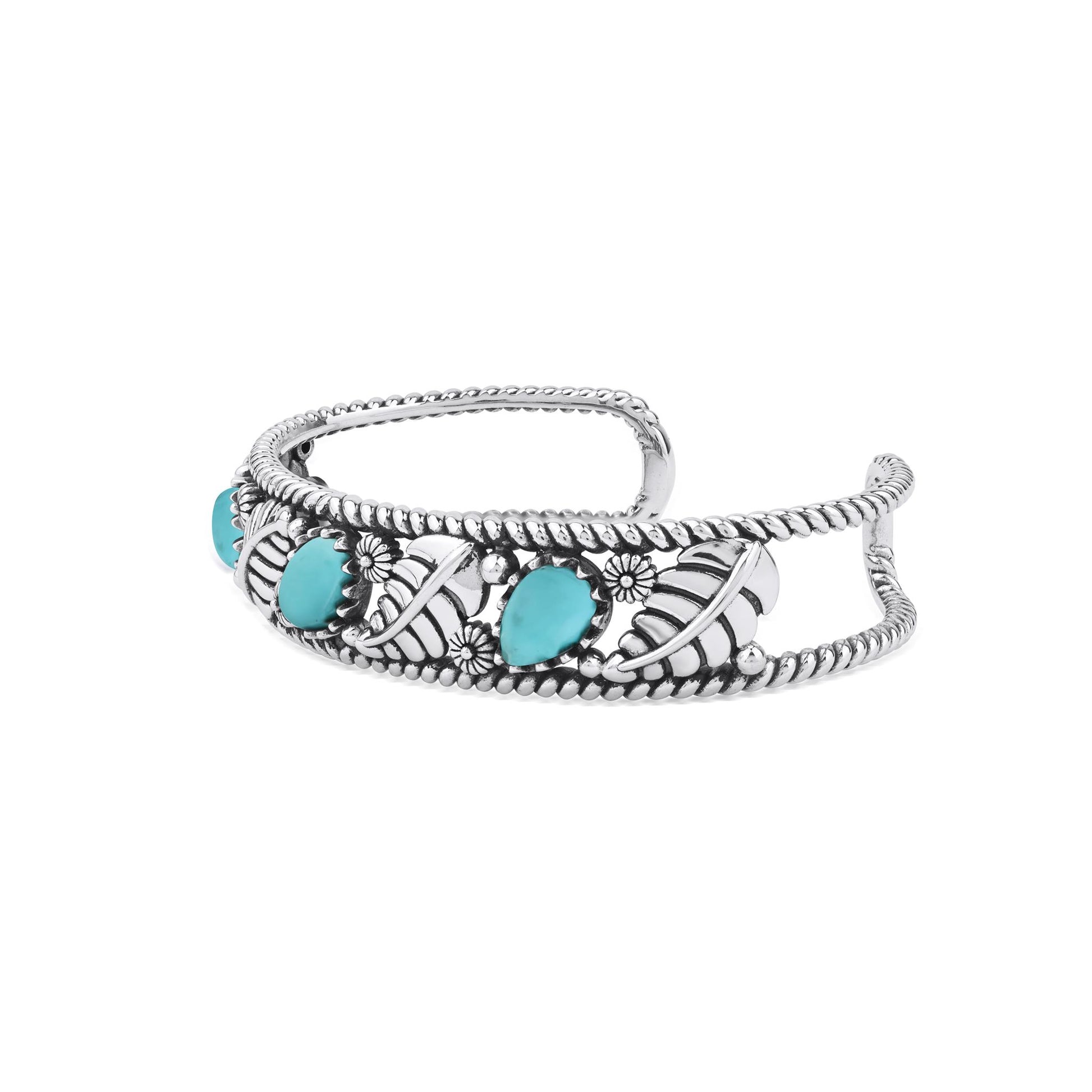  Sterling Silver Sleeping Beauty Turquoise Oval and Pear Leaf Cuff Bracelet