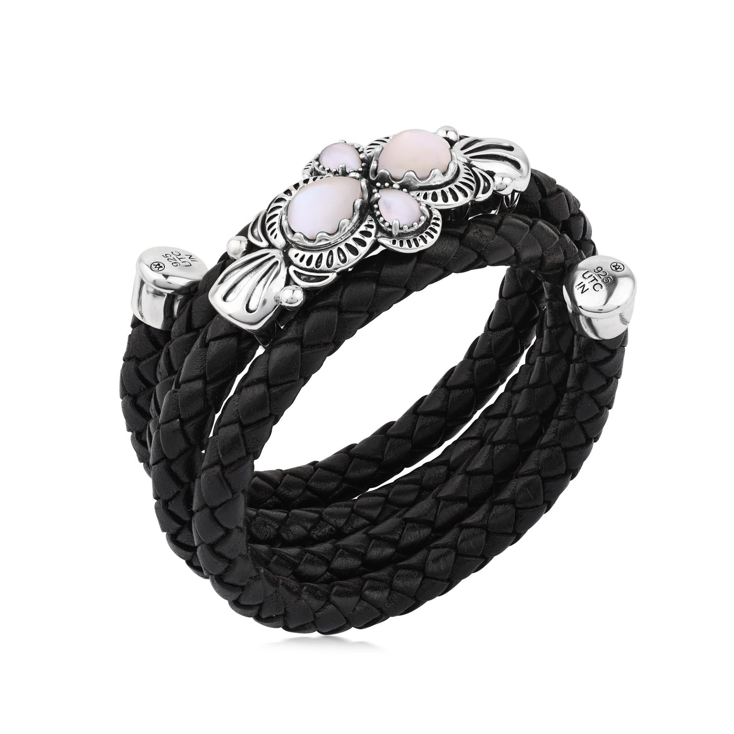  Sterling Silver White Mother of Pearl Pear Cluster Black Leather Wrap Bracelet 