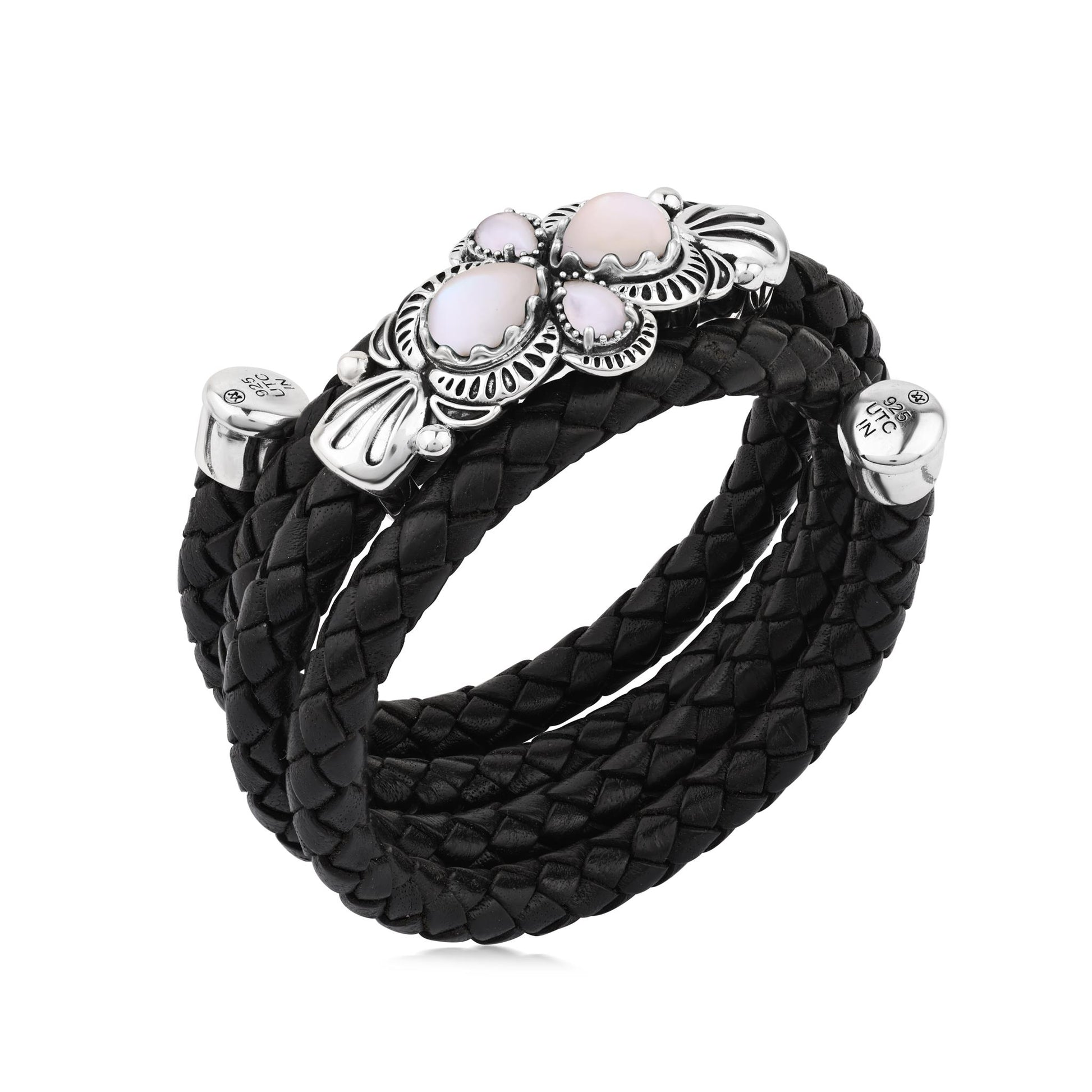  Sterling Silver White Mother of Pearl Pear Cluster Black Leather Wrap Bracelet 