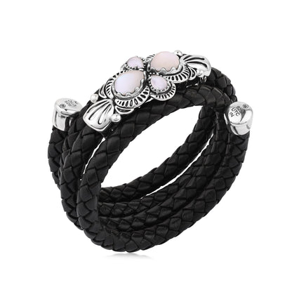  Sterling Silver White Mother of Pearl Pear Cluster Black Leather Wrap Bracelet 