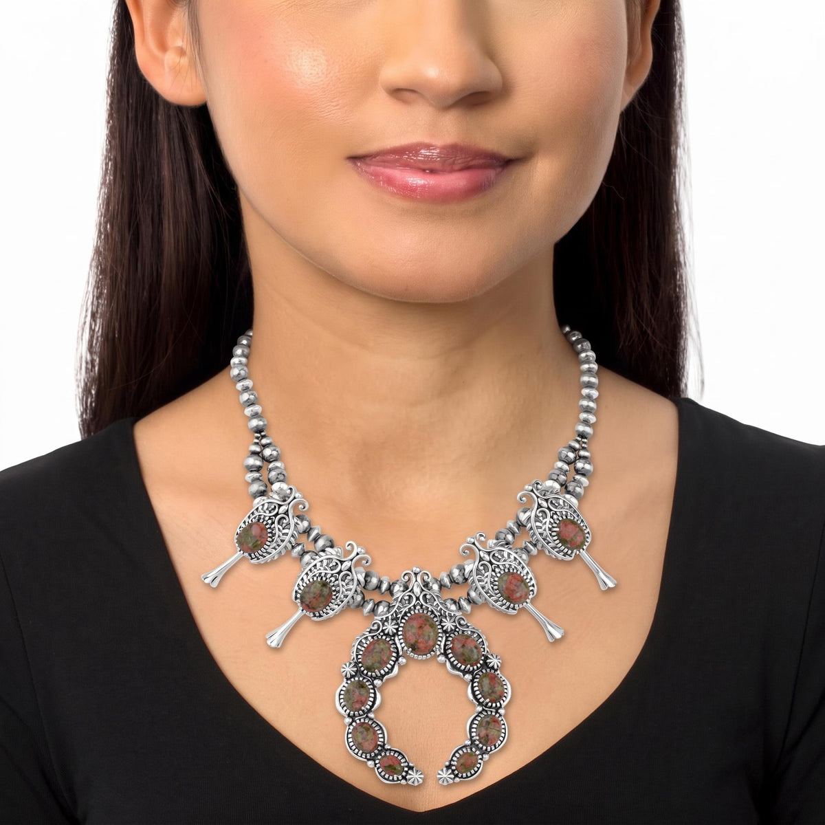 Sterling Silver Unakite Leaf and Vine Squash Blossom Necklace, 18 to 21 Inches