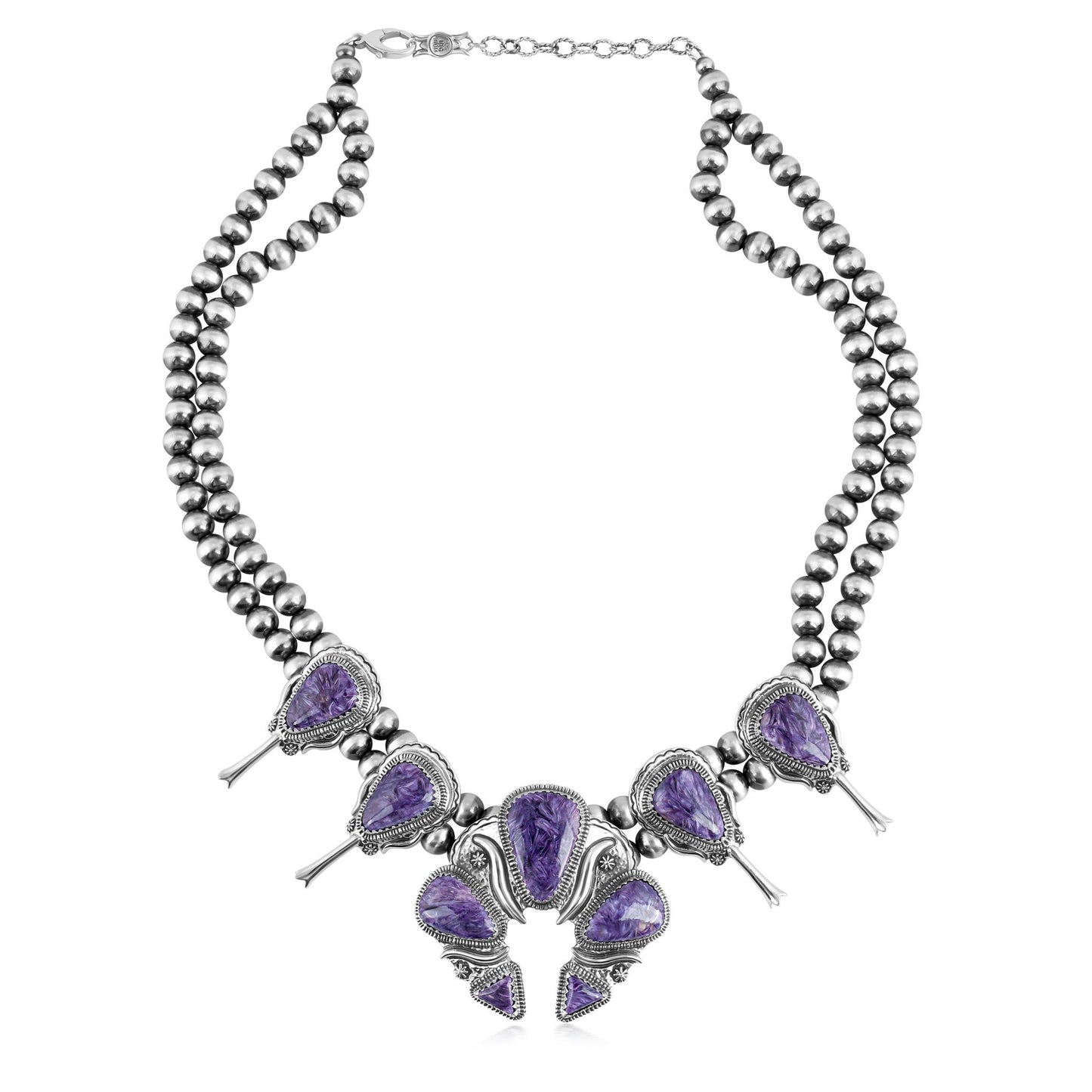 EXCLUSIVELY OURS! Sterling Silver Charoite Large Naja Squash Blossom Necklace, 21 to 24 Inches