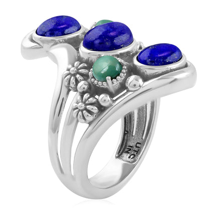 Sterling Silver Lapis and Green Turquoise Freeform Bypass Ring
