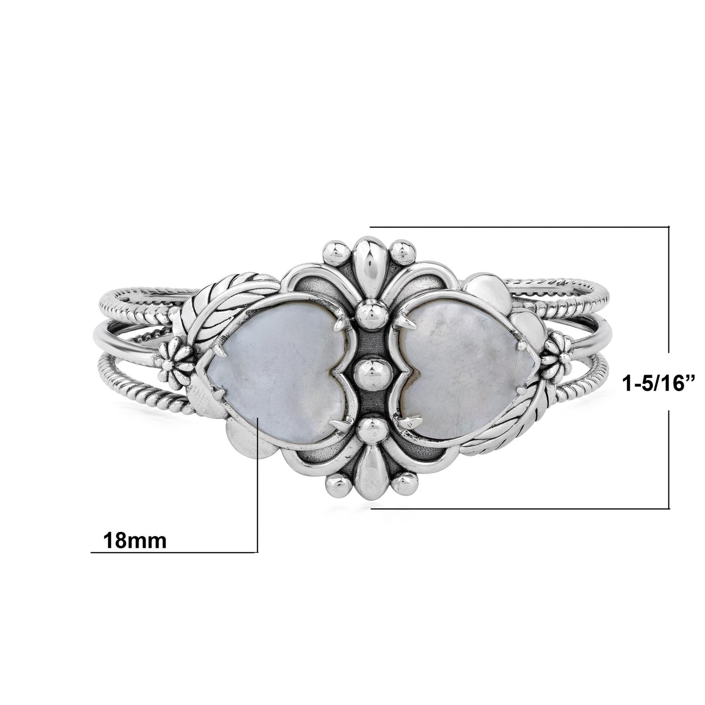 EXCLUSIVELY OURS! Sterling Silver White Mother of Pearl Double Heart Cuff Bracelet, Sizes Small to Large
