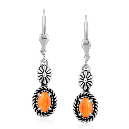 Sterling Silver Orange Spiny Oyster Rope and Flower Design Dangle Earrings