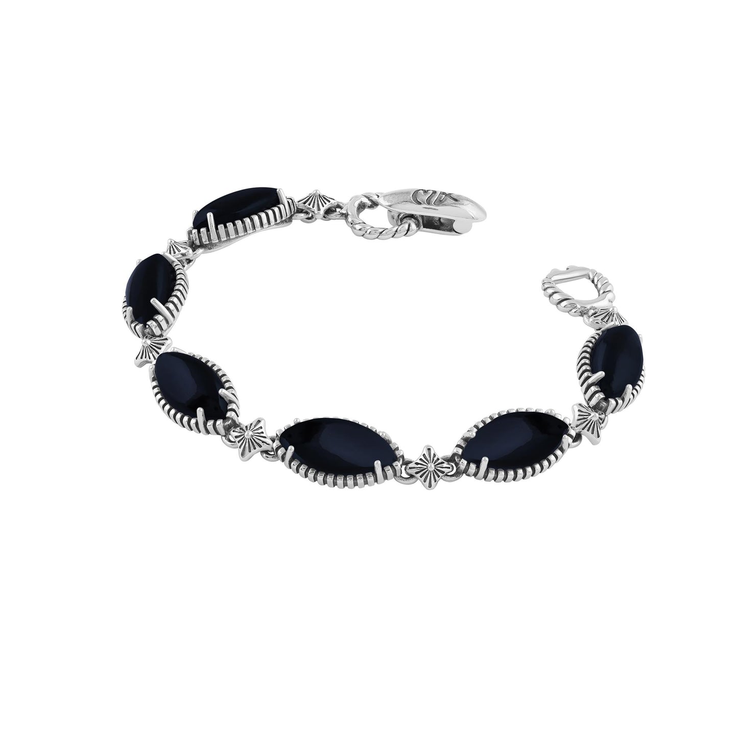  Sterling Silver Black Onyx Marquise Cut Link Bracelet