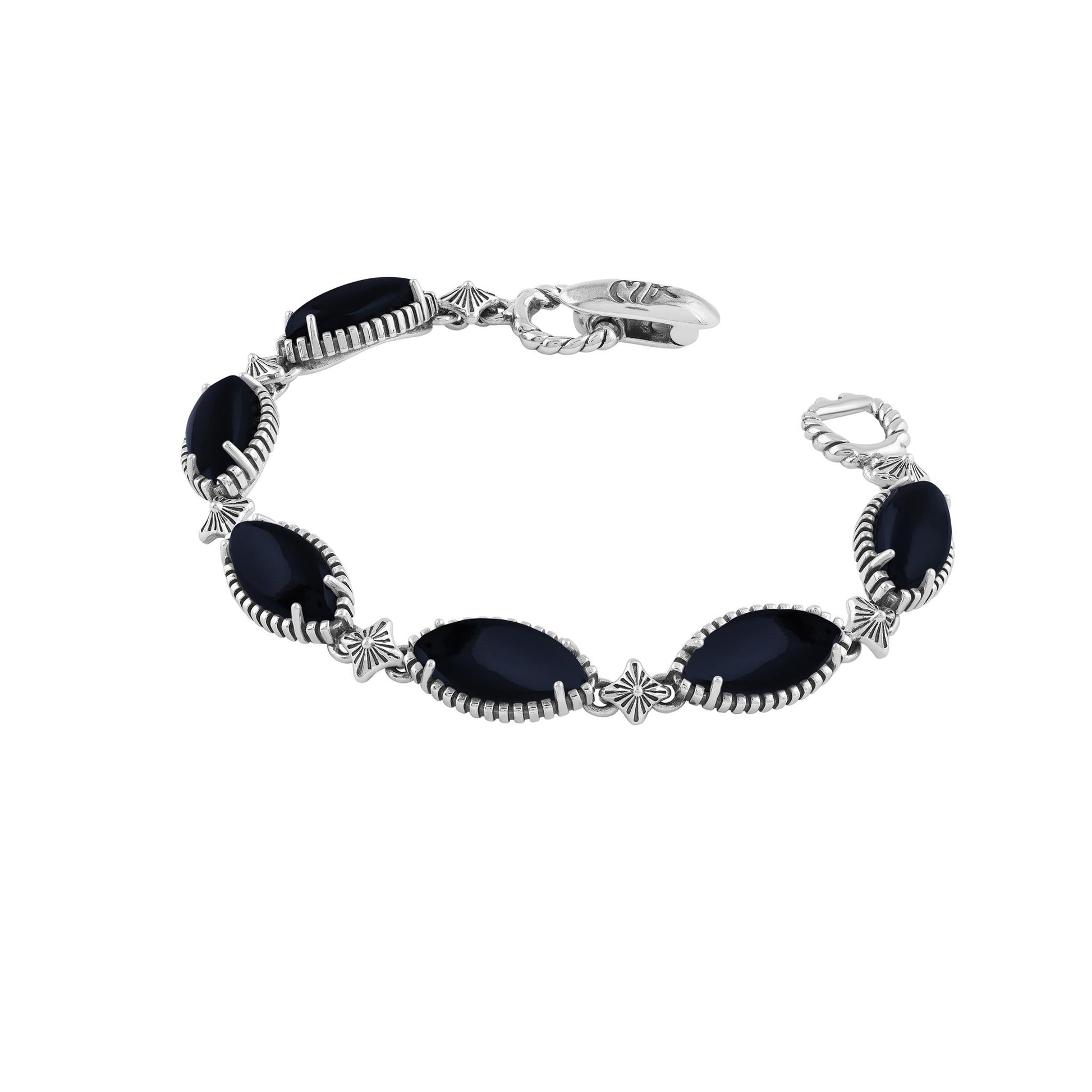  Sterling Silver Black Onyx Marquise Cut Link Bracelet