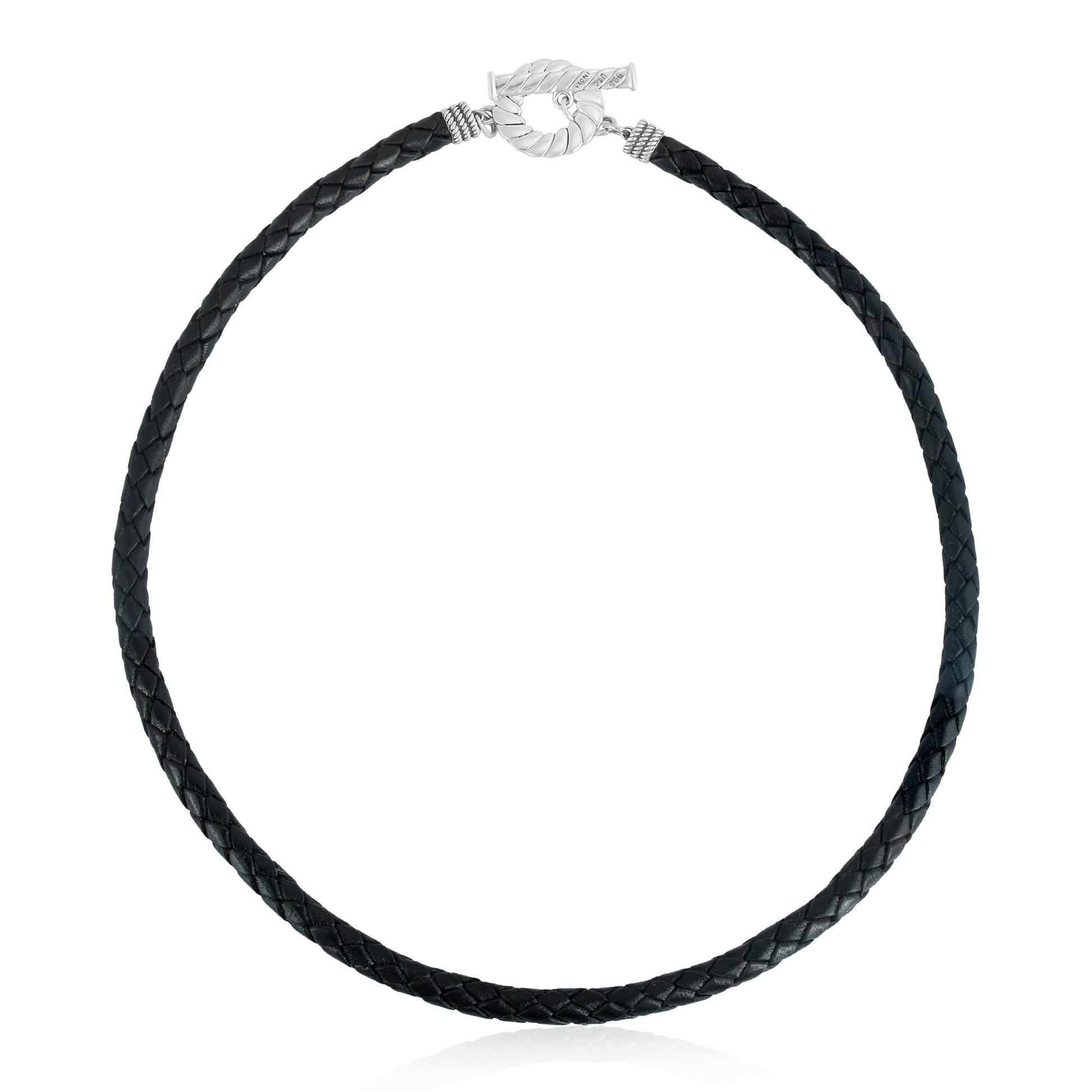 Sterling Silver Braided Black Leather Toggle Necklace