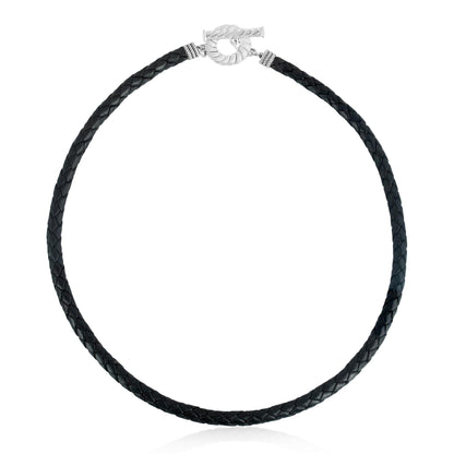 Sterling Silver Braided Black Leather Toggle Necklace