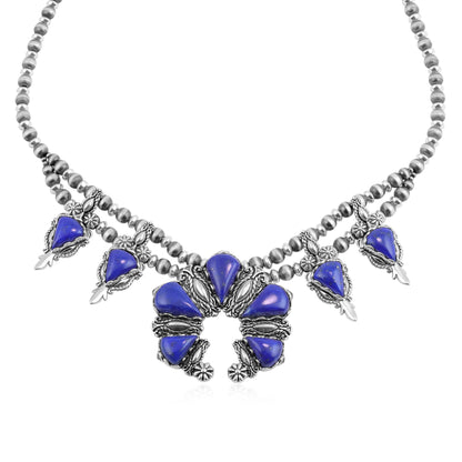 Sterling Silver Lapis Pear Gemstone Squash Blossom Necklace, 17 to 20 Inches