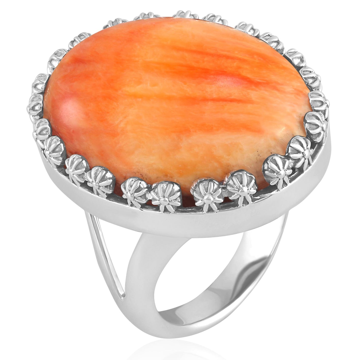 Sterling Silver Orange Spiny Oyster Concha Flower Border Oval Cut Ring, Sizes 5 to 10