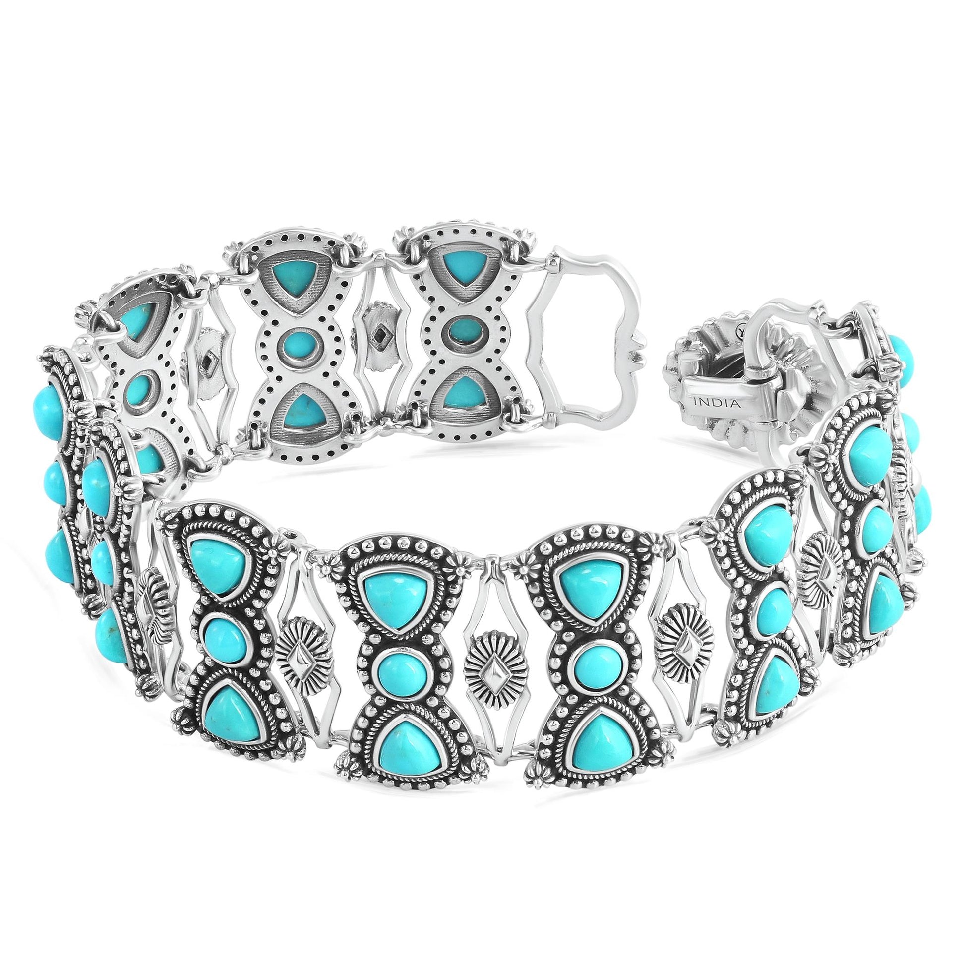 Sterling Silver Kingman Turquoise Round and Trillion Cut Link Bracelet, Sizes Small to Large