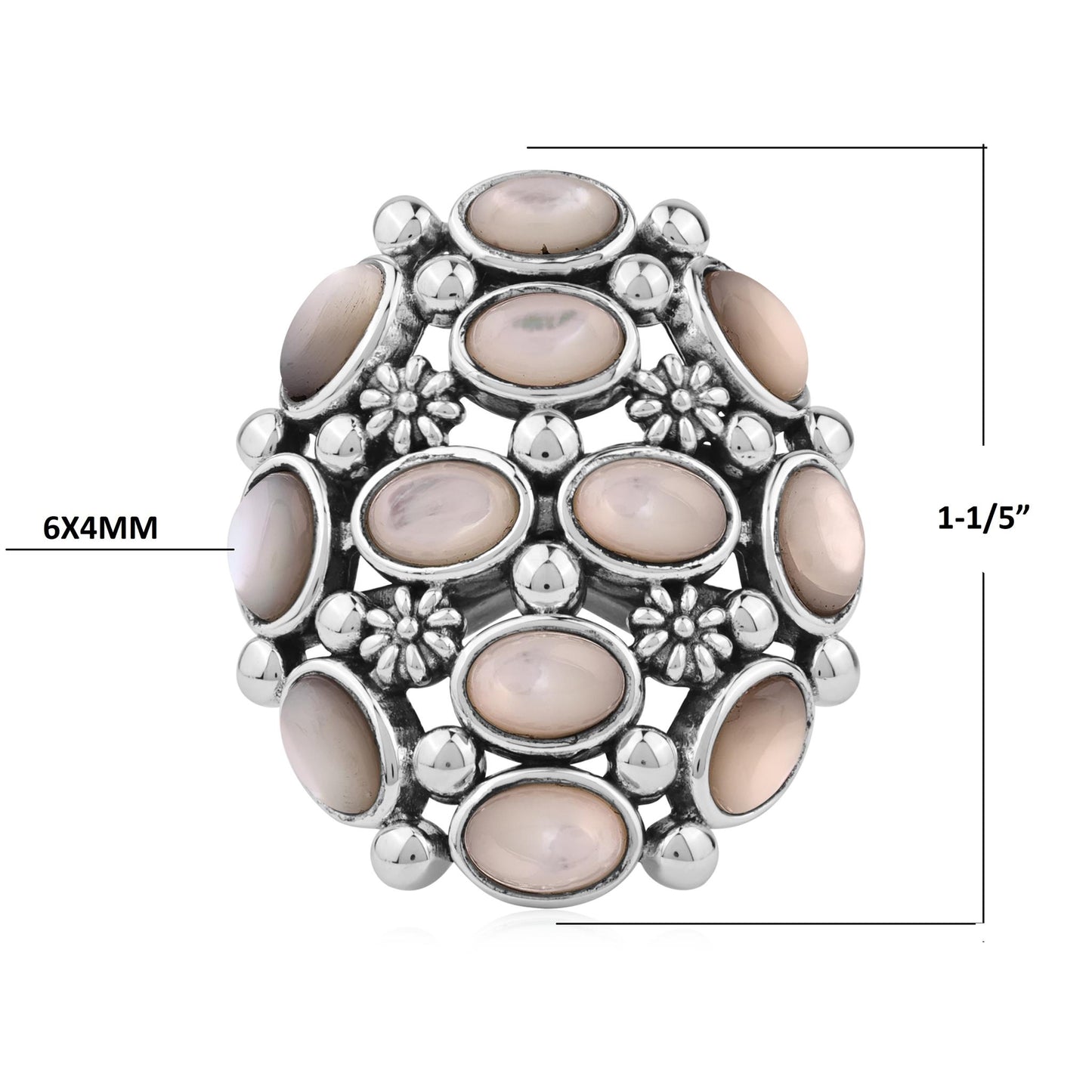  Sterling Silver White Mother of Pearl Oval 12-Stone Cluster Ring