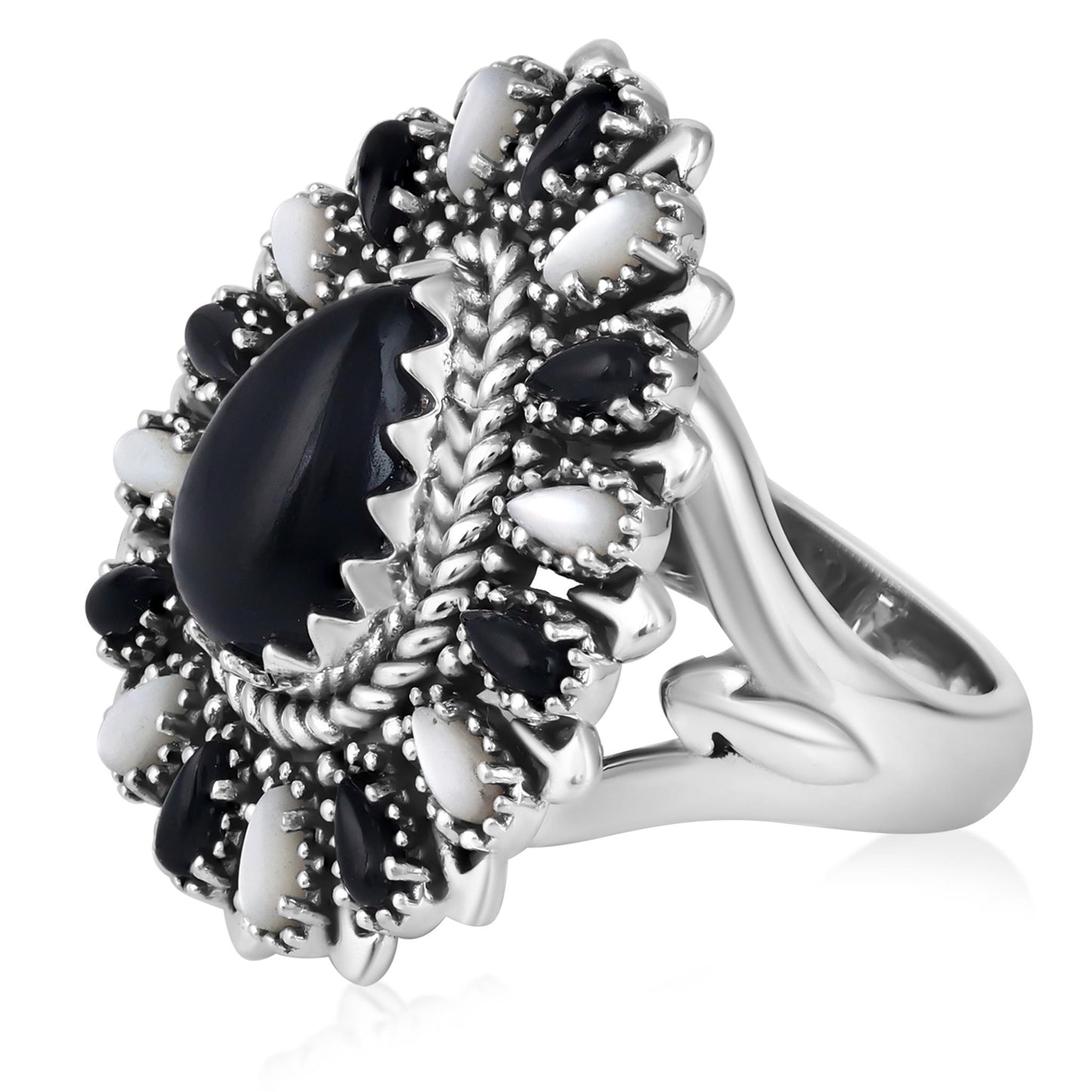 LIMITED EDITION! Sterling Silver Black Onyx and White Mother of Pearl Pear-Shaped Cluster Ring