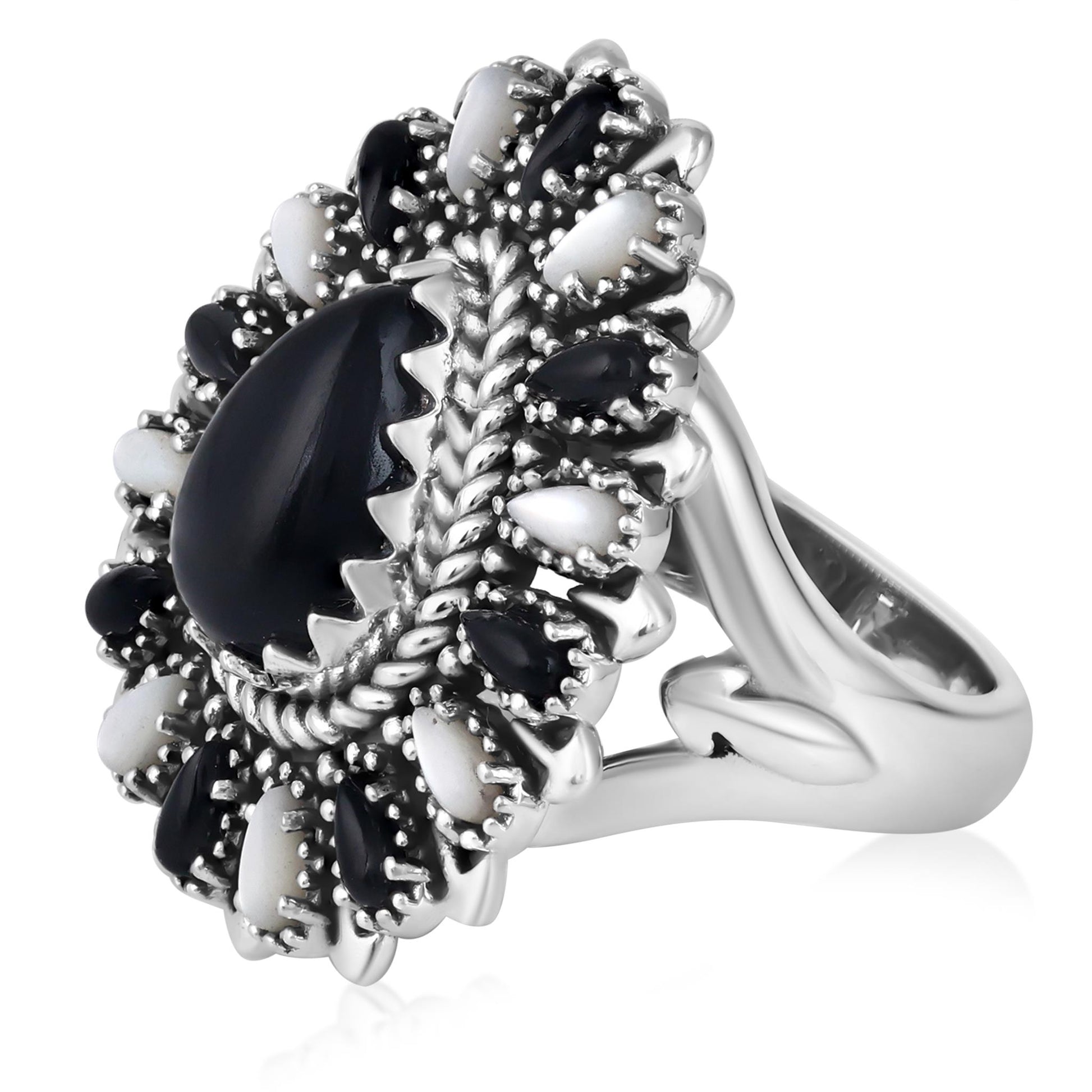 LIMITED EDITION! Sterling Silver Black Onyx and White Mother of Pearl Pear-Shaped Cluster Ring