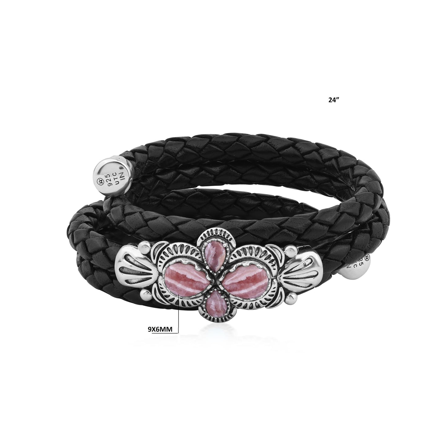  Sterling Silver Rhodochrosite Pear Cluster Black Leather Wrap Bracelet 