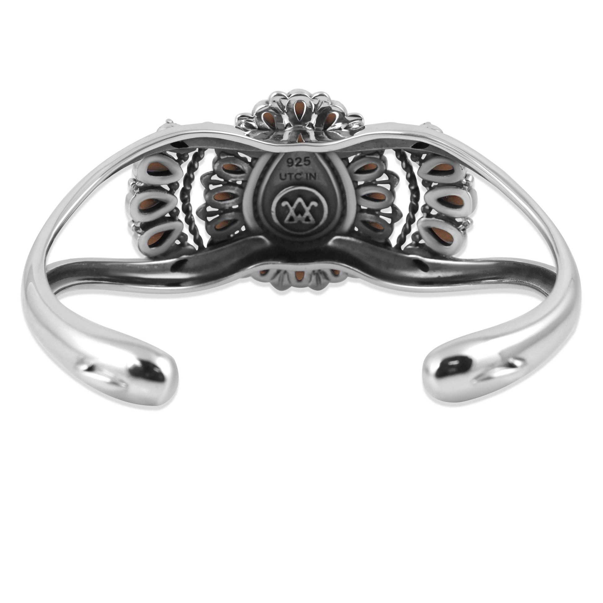 Sterling Silver Orange Spiny Oyster, Tiger's Eye, and Smoky Quartz Cluster Cuff Bracelet