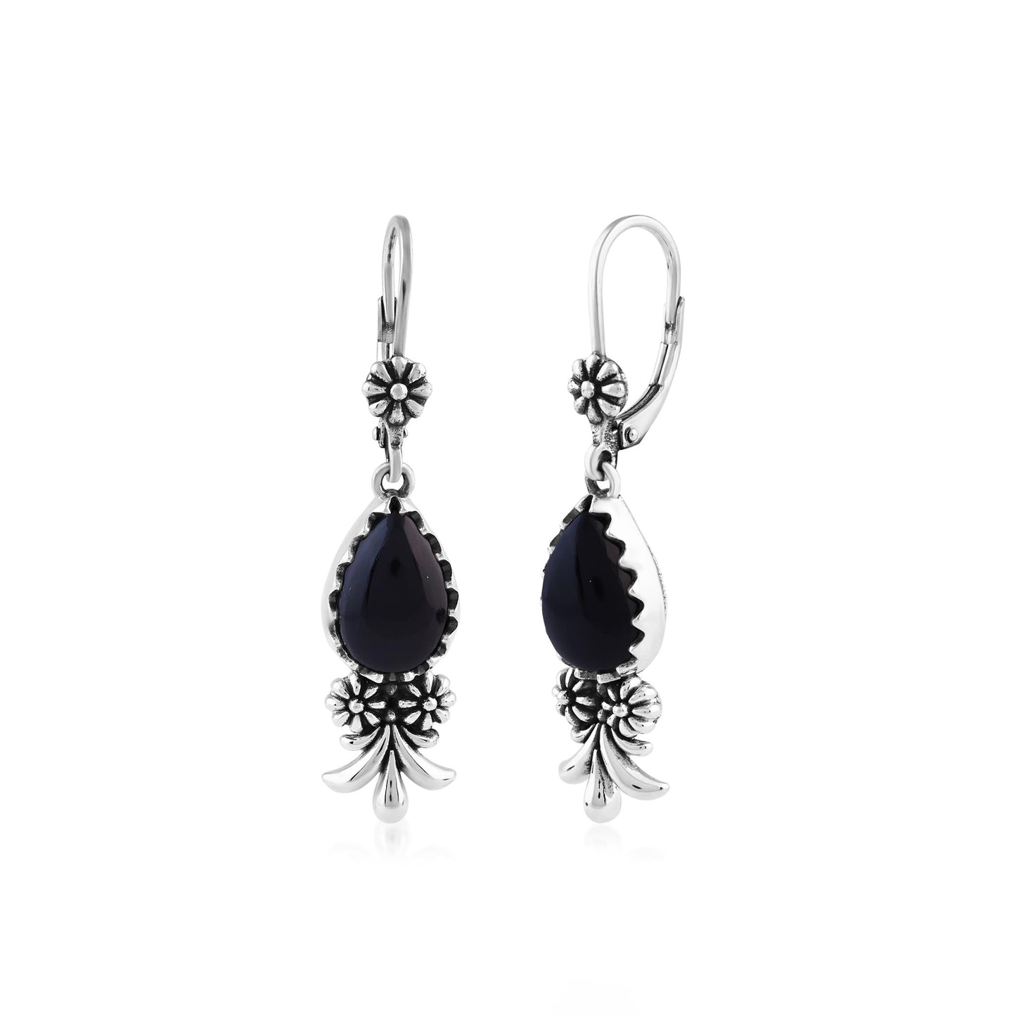  Sterling Silver Black Onyx Teardrop Concha Squash Blossom Dangle Earrings