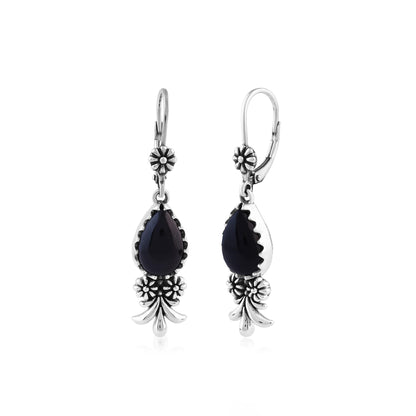  Sterling Silver Black Onyx Teardrop Concha Squash Blossom Dangle Earrings