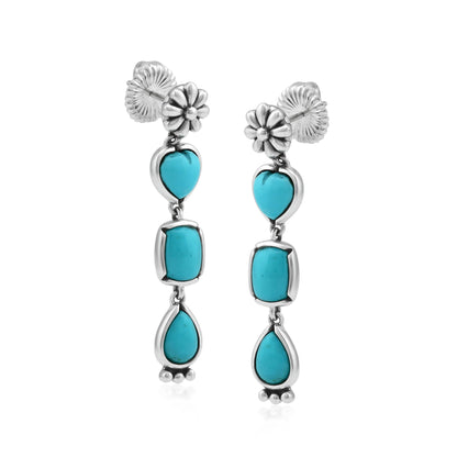 Sterling Silver Kingman Turquoise Gemstone Heart, Rectangle and Pear Concha Post Dangle Earrings 