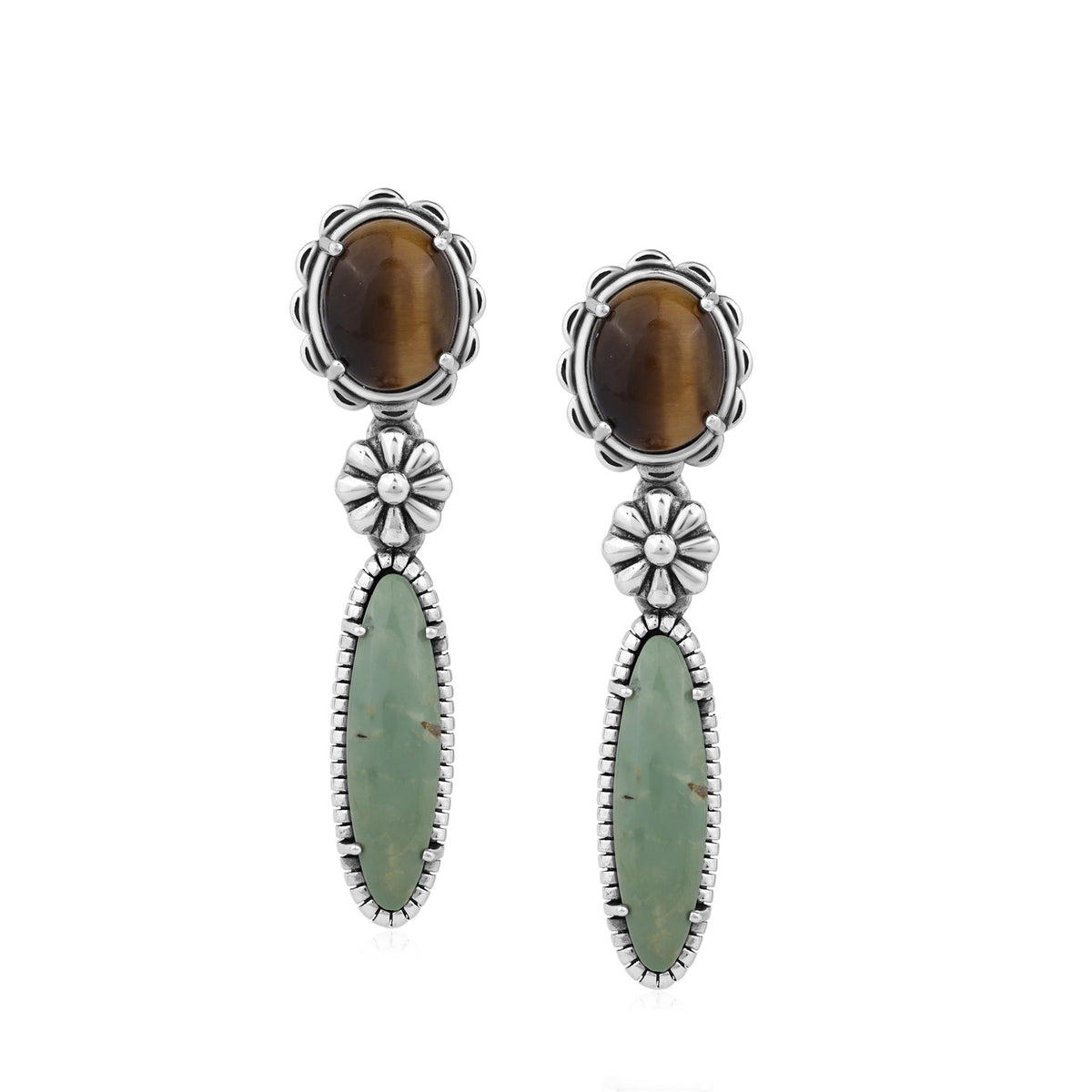 Sterling Silver Tiger's Eye Green Turquoise Oval Cabochon Dangle Earrings