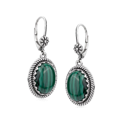 EXCLUSIVELY OURS! Sterling Silver Malachite Oval Drop Lever Back Earrings