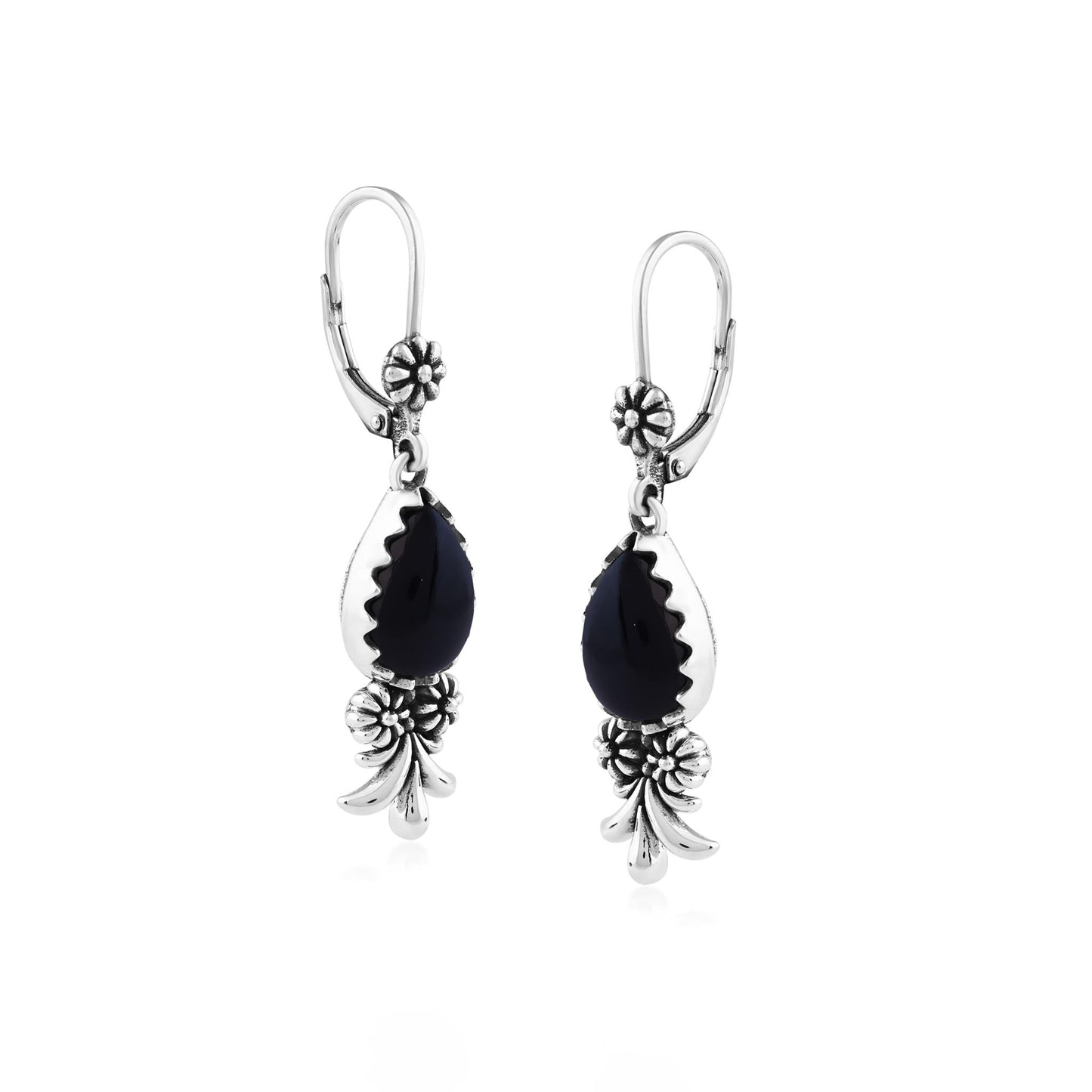  Sterling Silver Black Onyx Teardrop Concha Squash Blossom Dangle Earrings