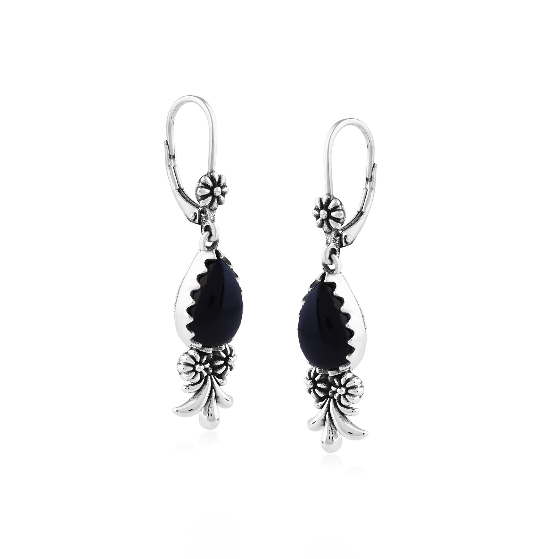 Sterling Silver Black Onyx Teardrop Concha Squash Blossom Dangle Earrings