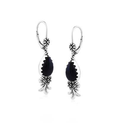  Sterling Silver Black Onyx Teardrop Concha Squash Blossom Dangle Earrings