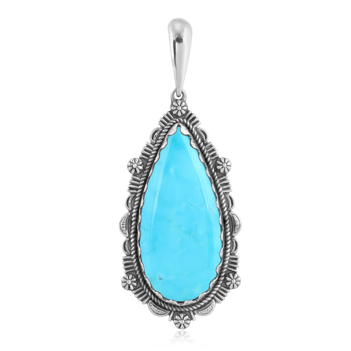 Sterling Silver Blue Turquoise Teardrop Bordered Design Pendant Enhancer