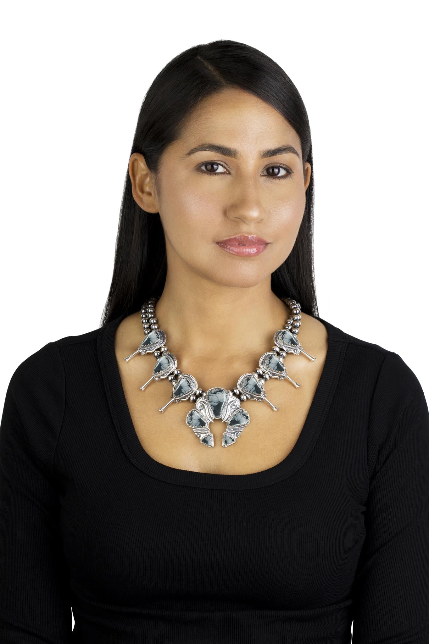 Sterling Silver Snowflake Obsidian Large Naja Squash Blossom Necklace