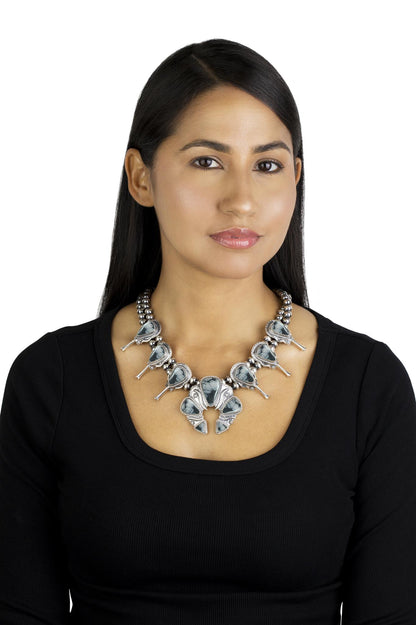 Sterling Silver Snowflake Obsidian Large Naja Squash Blossom Necklace