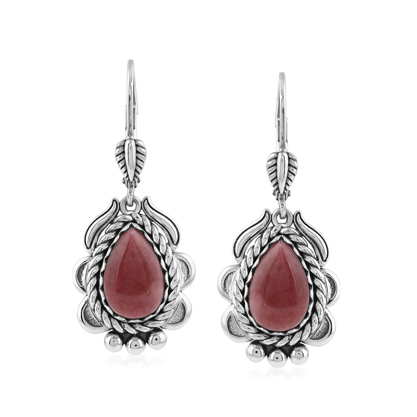 Sterling Silver Rhodonite Pear-Cut Rope Design Lever Back Earrings