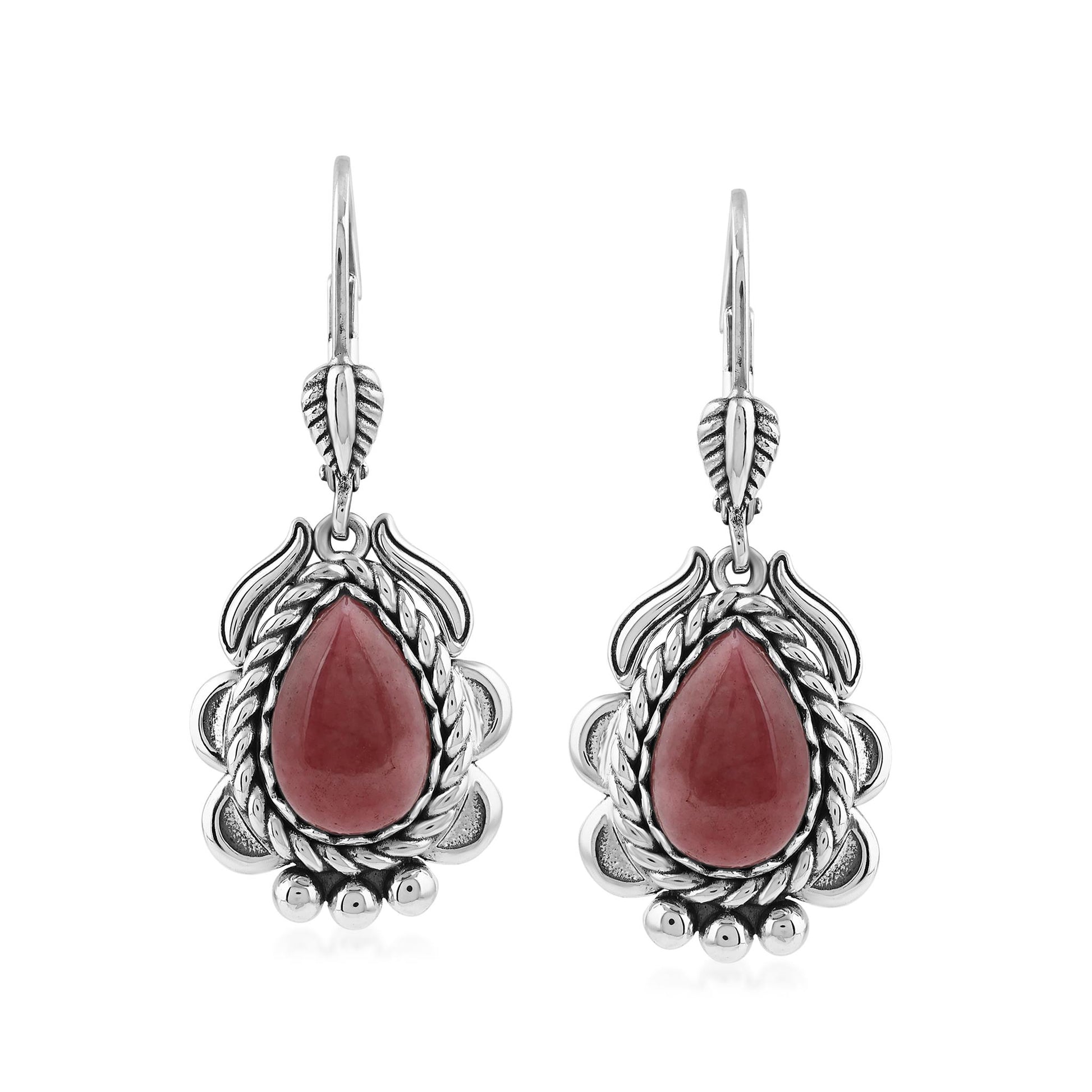 Sterling Silver Rhodonite Pear-Cut Rope Design Lever Back Earrings